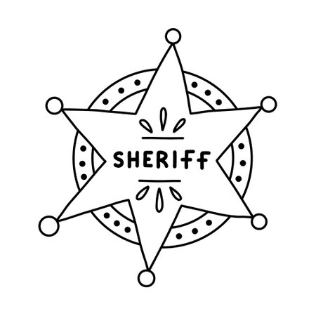 Sheriff badge doodle in the star shape with hand drawn outline. Cute hexagonal emblem of western police, sign of law, security, justice. Wild West cowboy symbol with shields isolated on backgroundのイラスト素材