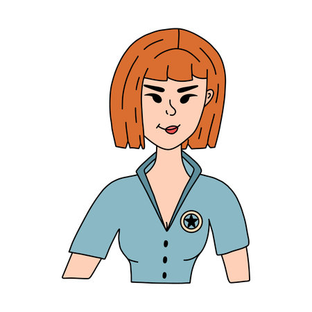 Hand drawn stylish young cowgirl wearing shirt and sheriff badge. Cute doodle portrait of cow girl of Wild west theme. Vector western female character for print, poster, cowboy party.のイラスト素材