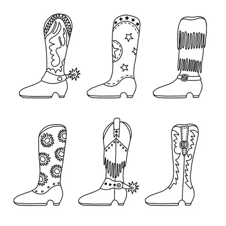 Set of retro cowgirl boots with traditional pattern, fringe, spur. Vector boots with hand drawn outline in cowboy and western style. Simple funny shoes of Wild West with ornament for print, design.のイラスト素材