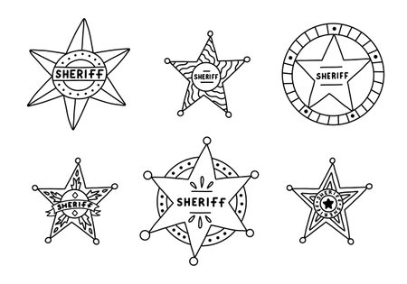 Doodle set of sheriff badges in cartoon cute style with hand drawn outline. Symbol of western police, sign of law, security, justice. Wild West and cowboy sign with shields. Collection of star emblem.のイラスト素材