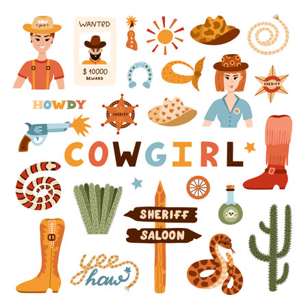 Big cowgirl set in trendy flat style. Hand drawn simple vector illustration with western boots, hat, snake, cactus, bull skull, sheriff badge star. Cowboy theme with symbols of Texas and Wild Westのイラスト素材