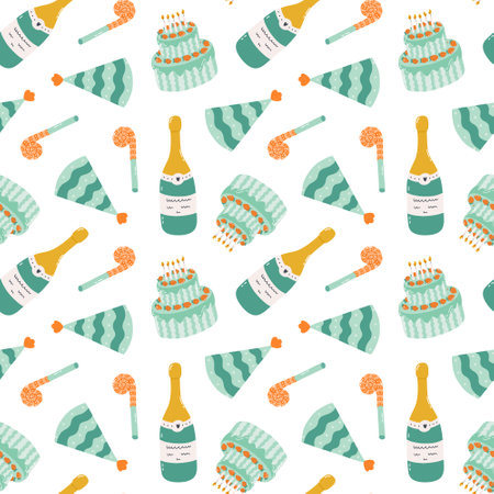 Seamless pattern with birthday party hat, cake, bottle of champagne in cute doodle style. Childish design with holiday clipart for wrapping paper, print, fabric, scrapbook. Bright festive background.のイラスト素材