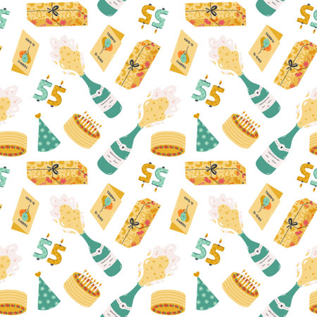 Seamless pattern with birthday card, cake, champagne bottle, gift box, number candle in cute doodle style. Bright festive background with holiday clipart for wrapping paper, print, fabric, scrapbookのイラスト素材