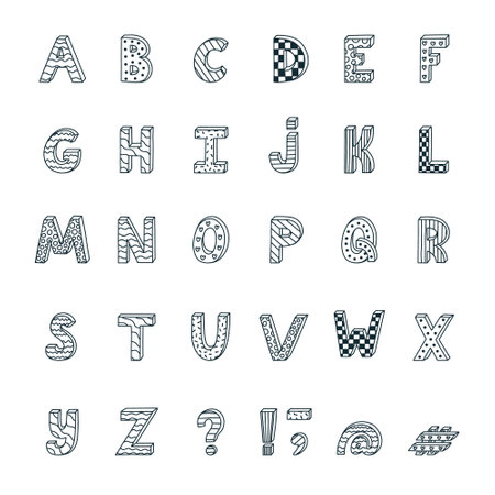 Funky 3d doodle alphabet set with hand drawn outline and memphis. Patterned bold font with shadow. Funny latin ABC with uppercase letters and punctuation marks for cover, headline, postcard.のイラスト素材