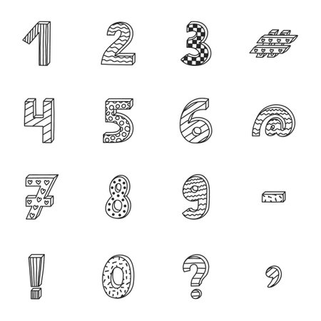 Doodle funky 3d number set with hand drawn outline and memphis decoration. Patterned bold symbols with shadow.のイラスト素材