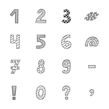 Funky doodle number set with Memphis decoration and hand drawn outline. Chunky bold symbols of question, comma, dash. Funny black and white numbers and punctuation marks for design, poster, post card.のイラスト素材