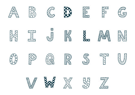 Black and white funky alphabet set with outline and memphis decoration. Patterned bold doodle font.のイラスト素材