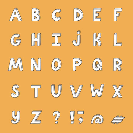 Funky black and white 3d alphabet set. Doodle bold font with shadow volume for book cover, printed quotesのイラスト素材