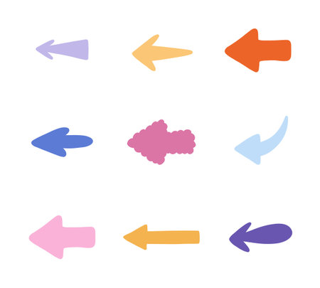 Cute hand drawn arrows set in cartoon flat style. Collection of bold and funky arrows in different shapes. Business arrow mark icons for web, banner, design isolated on white background.のイラスト素材