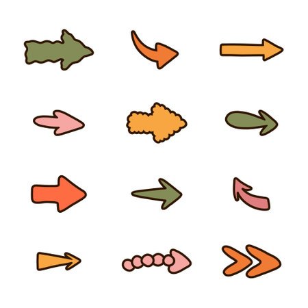 Cute hand drawn arrows set in doodle flat style. Collection of bold and funky arrows with outline in different shapes. Business arrow mark icons for web, banner, design isolated on white backgroundのイラスト素材
