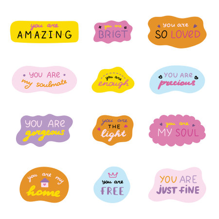 Set of cute inspirational and compliment quotes in speech bubbles. Handwritten lettering phrases about love for others, motivation for yourself. Doodle typography for stickers, poster, card, print.のイラスト素材