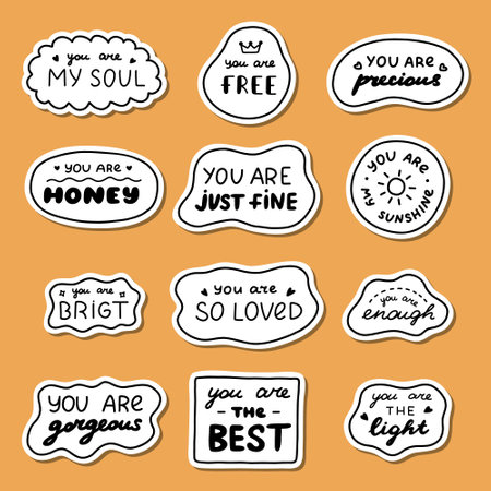 Set of stickers with cute doodle inspirational and compliment quotes for planners, notebook. Ready for print list of cute stickers. Handwritten lettering love and motivational phrases.のイラスト素材