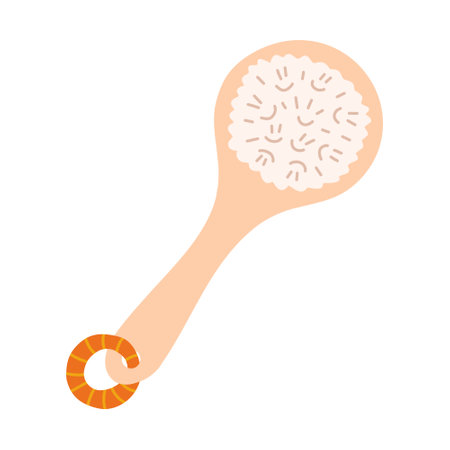 Cute doodle of wooden brush for anti cellulite massage, body and skin care. Natural tool for peeling, scrub and home spa procedure. Simple funny clipart in cartoon flat style isolated on white.のイラスト素材