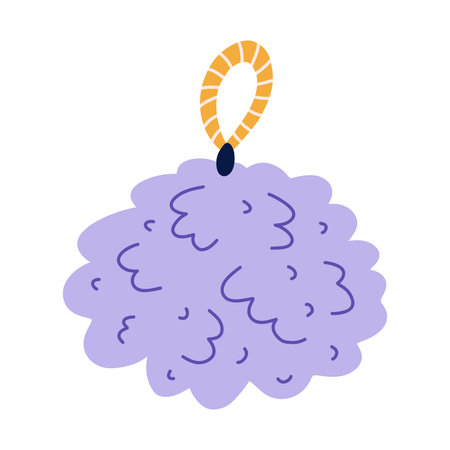 Cute doodle of bath sponge for scrub and washing. Purple bath loofah for spa procedures. Trendy shower wash cloth. Simple hand drawn clipart in cartoon flat style isolated on white.のイラスト素材
