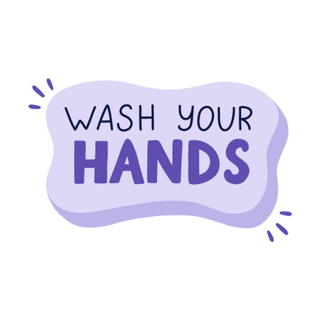 Wash Your Hands lettering in the soap silhouette. Hand drawn slogan about hygiene, health, cleanliness. Concept of prevention pandemic, germs, virus. Phrase for posters, print, banner, stickers.のイラスト素材