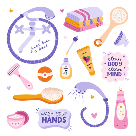 Cute hand drawn clipart set of hygiene items, bathroom accessories. Products for skincare, beauty, body care, self love in trendy cartoon style. Soap, shower, microfiber towel, shampoo, cream, oil.のイラスト素材
