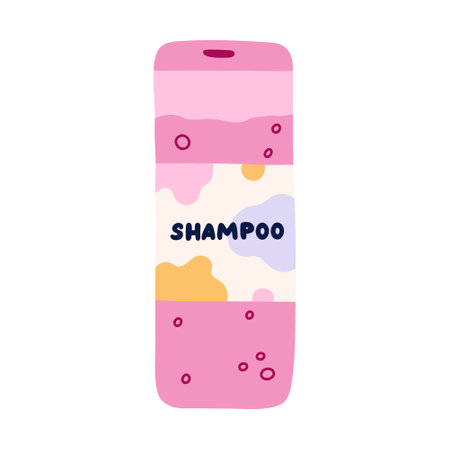Cute hand drawn shampoo with abstract label. Pink bath and shower cosmetic for washing hair. Plastic bottle of shampoo for haircare. Simple doodle in cartoon style isolated on white.のイラスト素材