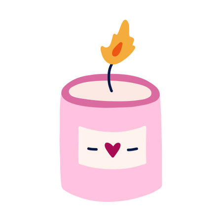 Cute hand drawn clipart of burning aroma candle with label. Trendy wax candle for spa therapy, relaxation, romance, hygge home decoration. Simple doodle in cartoon style isolated on white.のイラスト素材