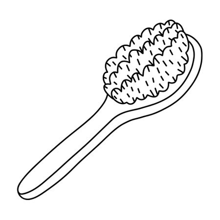 Cute doodle of wooden brush for anti cellulite massage, body and skin care. Natural tool for peeling, scrub and home spa procedure. Simple funny clipart with hand drawn outline isolated on white.のイラスト素材