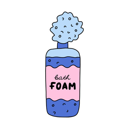 Cute doodle bottle of bath foam shampoo. Blue bath and shower cosmetic for aromatic bathe with bubbles. Plastic bottle of foam for relaxation. Simple clipart with hand drawn outline isolated on white.のイラスト素材