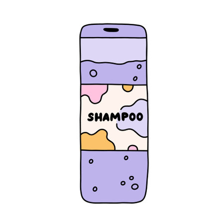 Cute hand drawn shampoo with abstract label. Pink bath and shower cosmetic for washing hair. Plastic bottle of shampoo for haircare. Simple doodle with hand drawn outline isolated on white.のイラスト素材
