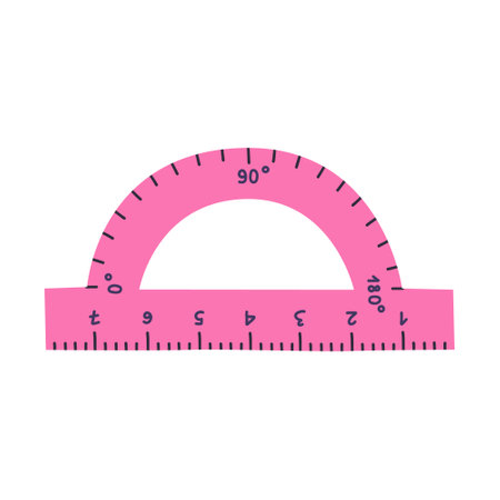 Cute hand drawn plastic protractor with ruler in cartoon style. Tool for drawing, measuring degrees. School supply and stationery for children, study, education, work. Vector clipart isolated on white.のイラスト素材