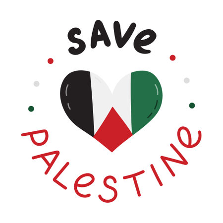 Save Palestine poster with lettering and Gaza flag in the shape of heart. Concept of support and stand with Palestine. Simple hand drawn clipart for poster, banner, wallpaper, flyer, t shirt, post.のイラスト素材