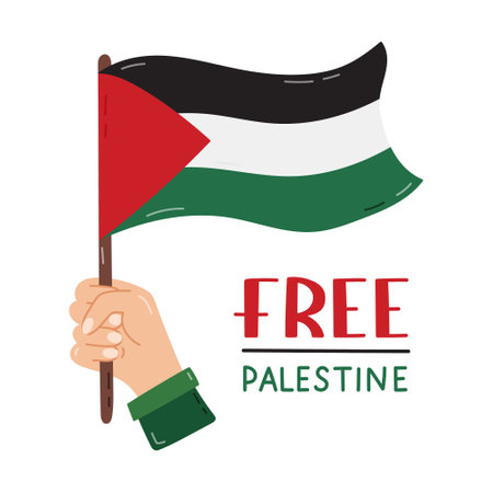 Free Palestine poster with lettering and hand holding Gaza flag. Palestine design concept of save and support. Simple hand drawn clipart for poster, banner, wallpaper, flyer, t shirt, post.のイラスト素材
