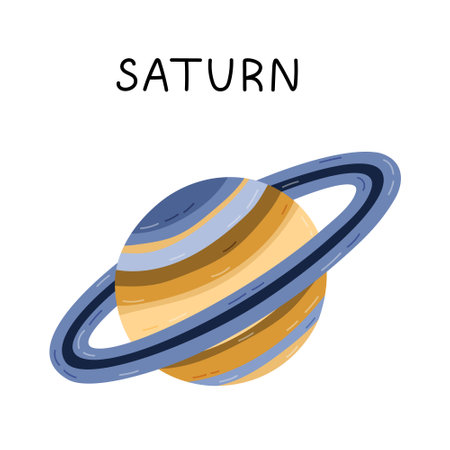 Cute hand drawn cartoon Saturn. Gas giant planet of Solar System and Galaxy. Childish simple doodle isolated on white. Astronomy celestial body for children's education, space infographic, astrology design.のイラスト素材