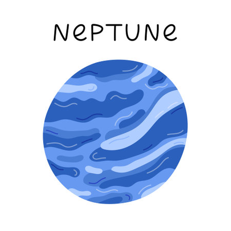 Cute hand drawn cartoon Neptune. Ice planet of Solar System. Childish simple doodle isolated on white. Astronomy celestial body for kids education, outer space infographic, astrology design.のイラスト素材