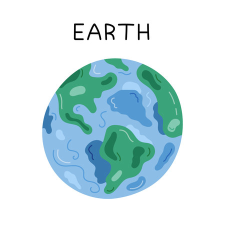 Cute hand drawn cartoon Earth globe. Our planet of Solar System with world map in the circle....
