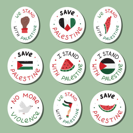 Sticker set of We Stand with Palestine emblems with lettering and hand drawn clipart. Watermelon slice, Gaza flag, fist, peace dove, heart. Ready for print list of cute stickers of Free Gaza concept.のイラスト素材
