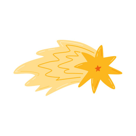 Cute hand drawn falling star with bold tail clipart in simple cartoon style. Sparkling magical star dust, comet shower. Astrology, astronomy, Christmas icon. Universe shine, light, twinkling stardust.のイラスト素材
