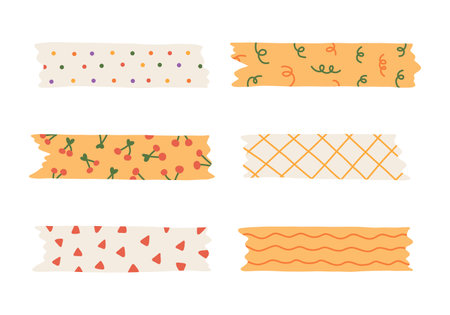 Cartoon set of washi tape stripes with squiggle, geometry and cute pattern. Vector adhesive tapes with colorful hand drawn Memphis ornament. Trendy decorative scotch tape with ragged edges.のイラスト素材