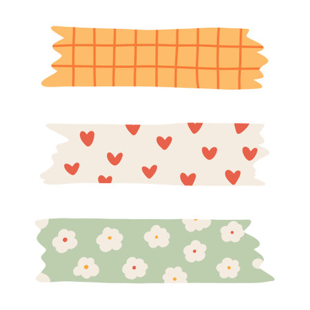 Cartoon set of washi tape stripes with squiggle, geometry and cute pattern. Vector adhesive tapes with colorful hand drawn Memphis ornament. Trendy decorative scotch tape with ragged edges.のイラスト素材
