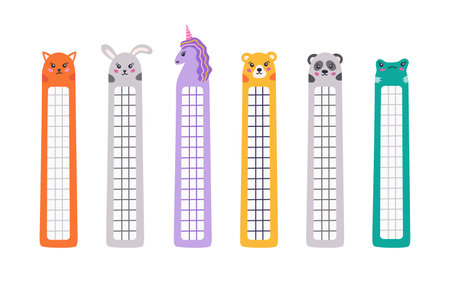 Cute kawaii bookmarks with place for notes with animal faces of cat, rabbit, frog, unicorn, panda, bear for kids. Hand drawn cartoon stationery for books and reading. Vector back to school doodle.のイラスト素材