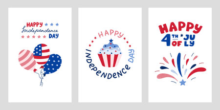 USA Independence day set of posters with hand drawn lettering and cartoon clipart. Cute hand drawn national symbols of 4th July. Firework, balloons, cupcake in colors of American flag.のイラスト素材