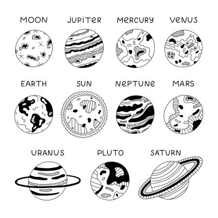 Black and white set with outline stars, planets of Solar System. Hand drawn doodle with astronomy celestial bodies for kids learning, school infographic, universe placard. Cute Sun, Moon, Earth, etc.のイラスト素材
