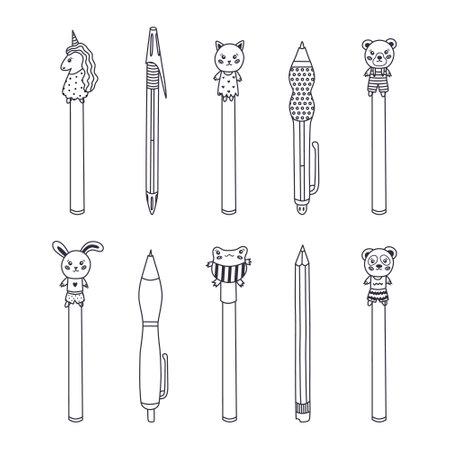 Cute doodle set of back to school stationery. Black and white collection of pencil, classic, mechanical and kawaii pen with animal heads. Ball ink pen with hand drawn outline for school supply.のイラスト素材