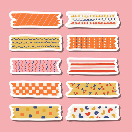 Cute sticker set of washi tape stripes with squiggle, geometry and abstract pattern for planners, notebooks. Ready for print list of stickers with cartoon adhesive scotch tape with ragged edges.のイラスト素材