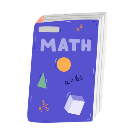 Cartoon closed school textbook on math, algebra, geometry. Cute kids academic book, literature, encyclopedia. Back to school supply for study, reading, learning. Hand drawn isolated illustration.のイラスト素材