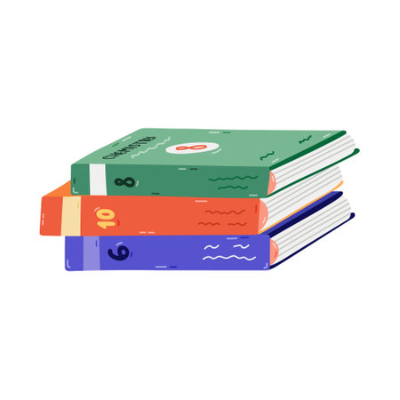 Cartoon stack of closed school textbook on different subjects. Cute kids academic book, literature, encyclopedia. Back to school supply for study, reading. Hand drawn isolated vector illustration.のイラスト素材