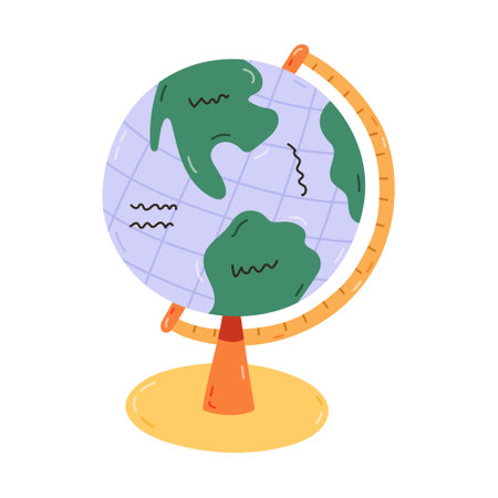 Cute cartoon globe with stand for school lesson of geography. Table and desk Earth globe with world map, ocean, continents for back to school, study, education. Hand drawn vector isolated clipart.のイラスト素材
