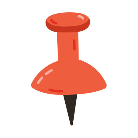 Cute cartoon push pin with plastic red top and needle. Thumbtack, pointer, fixation button head for attaching paper to notice and cork board. Hand drawn office and school stationery clipart isolated.のイラスト素材