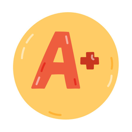 Cute cartoon school excellent grade A plus result in the circle. Perfect pass grade mark for university exam, test. Hand drawn clipart with letter A and plus. Back to school clipart isolated on white.のイラスト素材