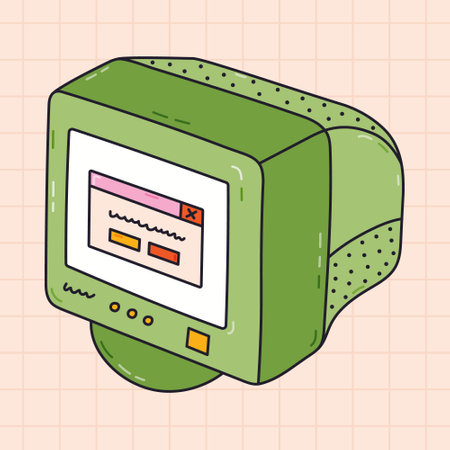 Cute funky retro computer with CRT monitor from 90s and 00s. Colorful outline old PC machine as badge of 1990s. Nostalgia for vintage and Y2k aesthetic, vibes. Hand drawn clipart isolated on white.のイラスト素材