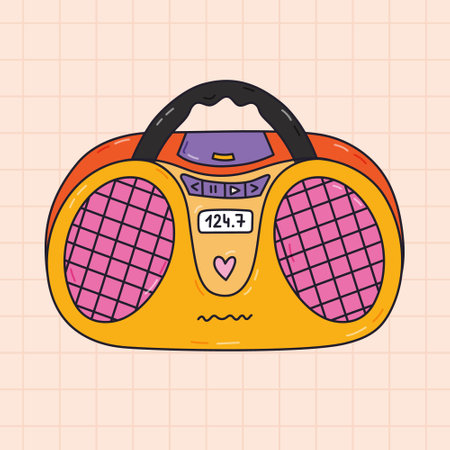 Cute cartoon retro radio with outline from 90s and 00s. Colorful old CD player, radio, audio player for music as badge of 1990s. Nostalgia for vintage and Y2k aesthetic, vibes. Hand drawn clipart.のイラスト素材