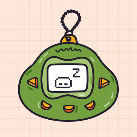Groovy doodle of Tamagotchi toy from Y2k aesthetic. Retro kids Japanese electronic toy with feeding pet from 90s and 00s. Hand drawn portable pocket game with outline. Nostalgia for 1990s aesthetic.のイラスト素材