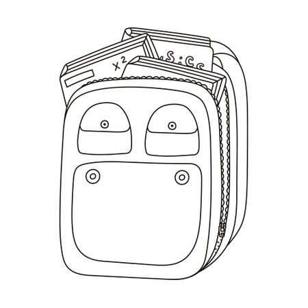 Cute open kids schoolbag with books and notebooks. Doodle back to school rucksack or bag full of school supplies and stuff. Hand drawn outline backpack for children, students. Childish illustrationのイラスト素材