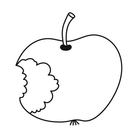 Cute doodle bitten apple with stub. Simple green apple with bite as symbol of snack at school, organic nutrition, fitness food. Hand drawn outline illustration isolated on white background.のイラスト素材